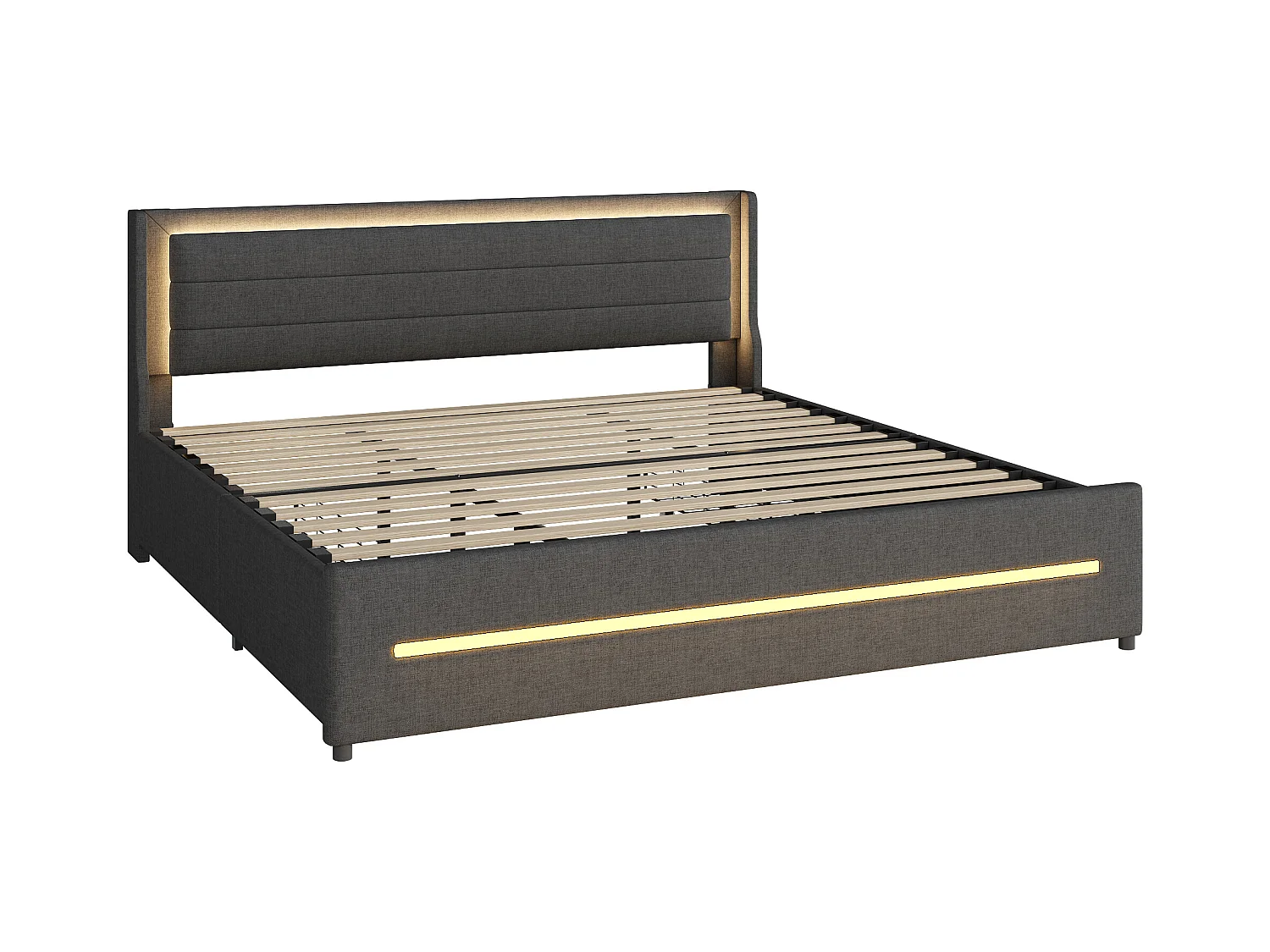 Lit tapissier 180 x 200 cm avec LED multicolores, 4 tiroirs de rangement, tissu en lin, lit double avec sommier à lattes, Gris (208 x 184 x 103 cm)