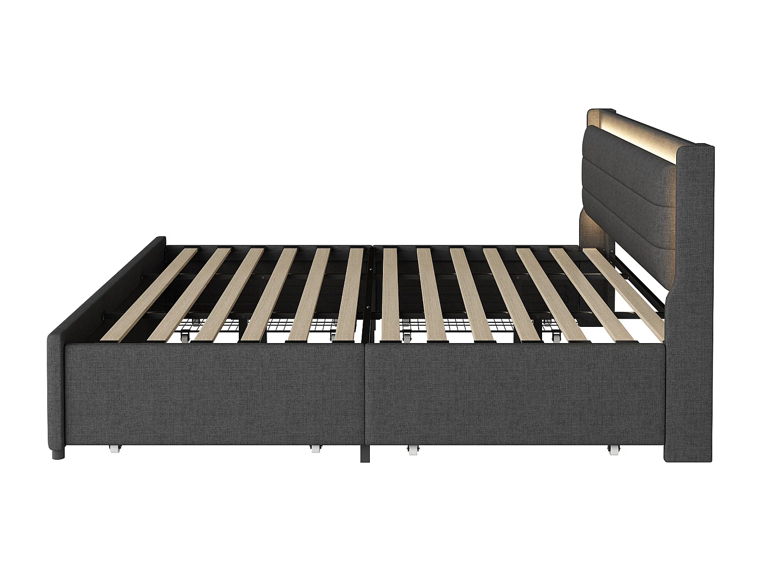 Lit tapissier 180 x 200 cm avec LED multicolores, 4 tiroirs de rangement, tissu en lin, lit double avec sommier à lattes, Gris (208 x 184 x 103 cm)