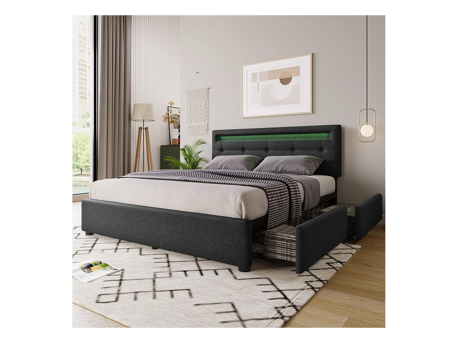 Lit coffre avec LED, 4 tiroirs, matelas inclus, sommier bois, tête de lit réglable, revêtement lin gris (150x208x93.5-103 cm)