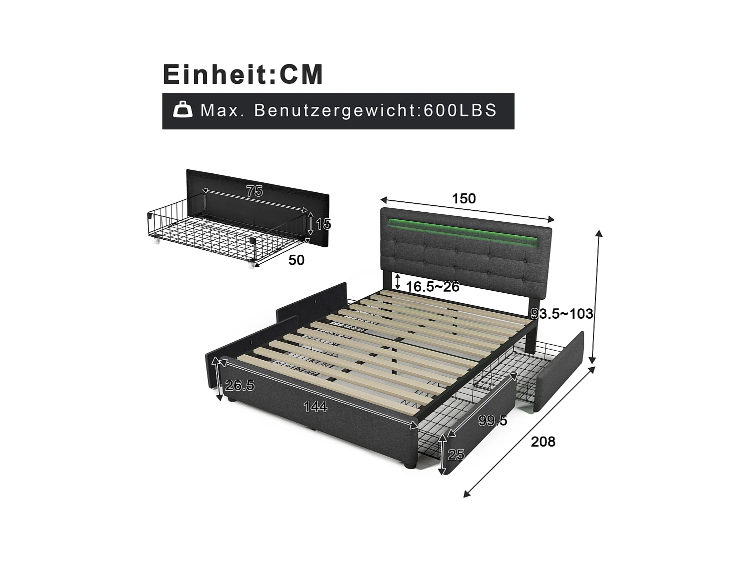 Lit coffre avec LED, 4 tiroirs, matelas inclus, sommier bois, tête de lit réglable, revêtement lin gris (150x208x93.5-103 cm)