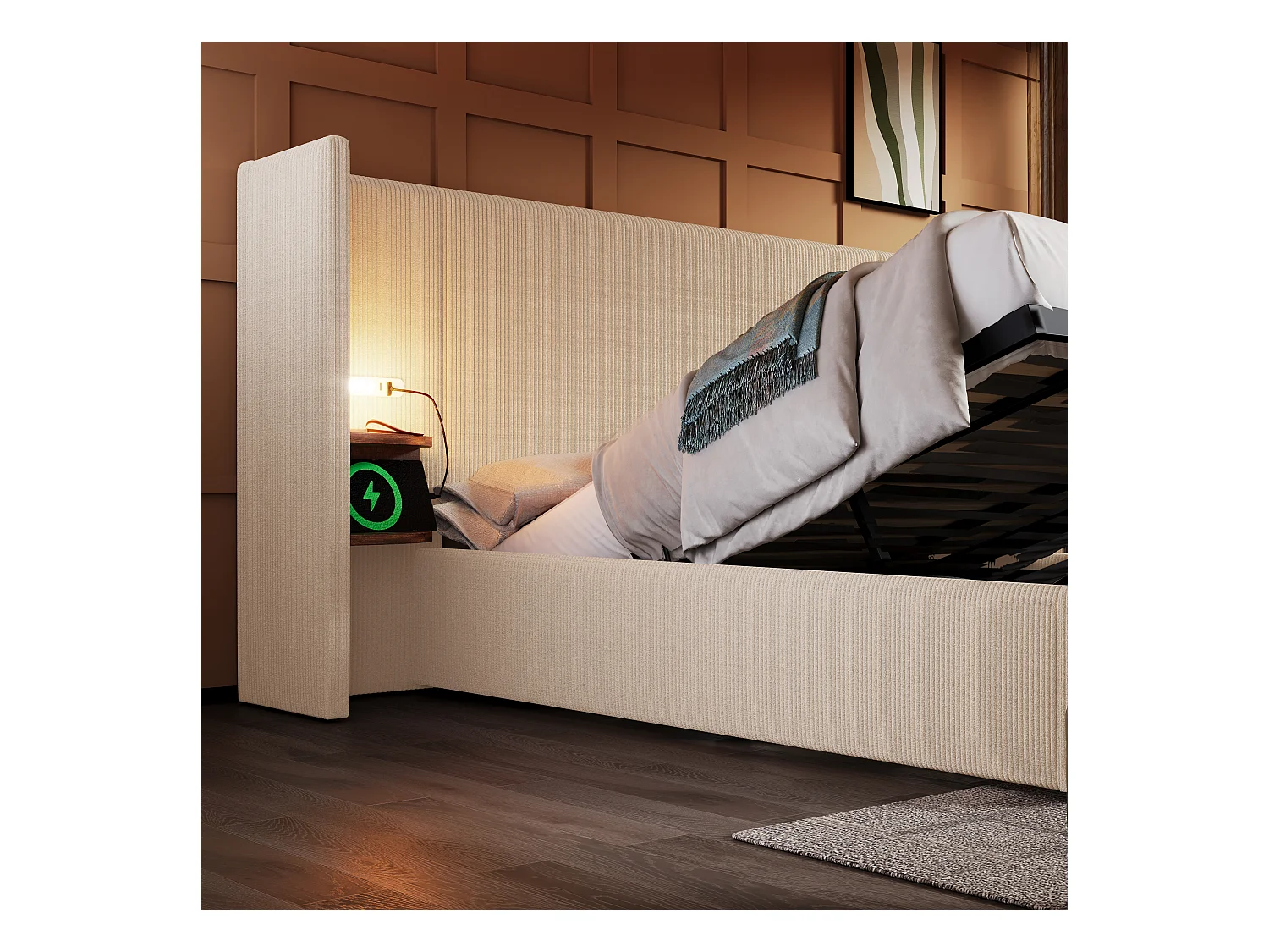 Cama doble con almacenaje hidráulico, cabecero multifuncional, estructura de pana beige-blanca, madera maciza y metal (252x213x104cm)