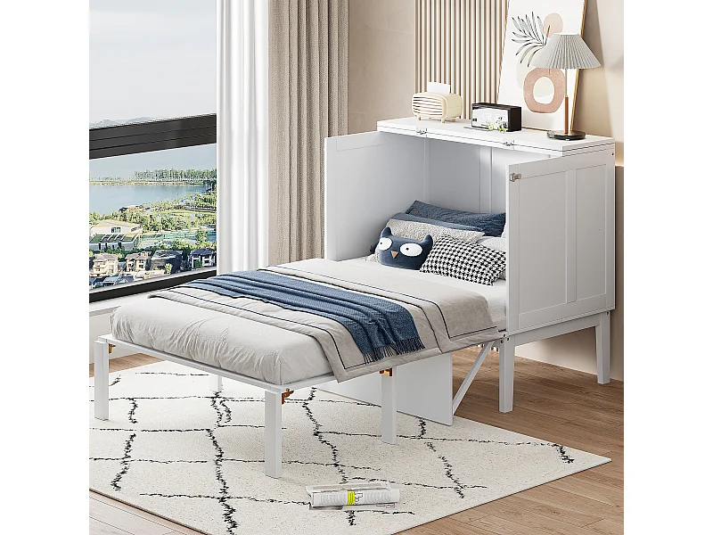 90x200cm verticaal Murphy-bed met lattenbodem, opklapbaar bed, jeugdbed, wit hout (205x96x101cm)