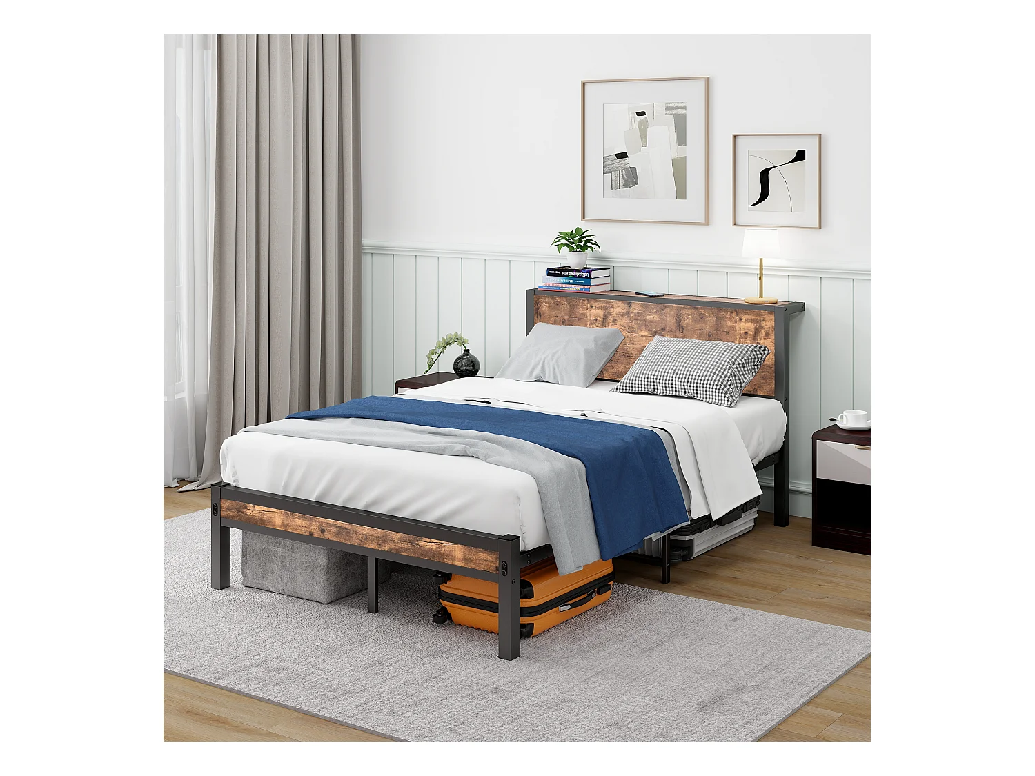 Struttura per letto singolo in metallo con testiera contenitore, piattaforma silenziosa, MDF e metallo, marrone vintage (208x120x90 cm)