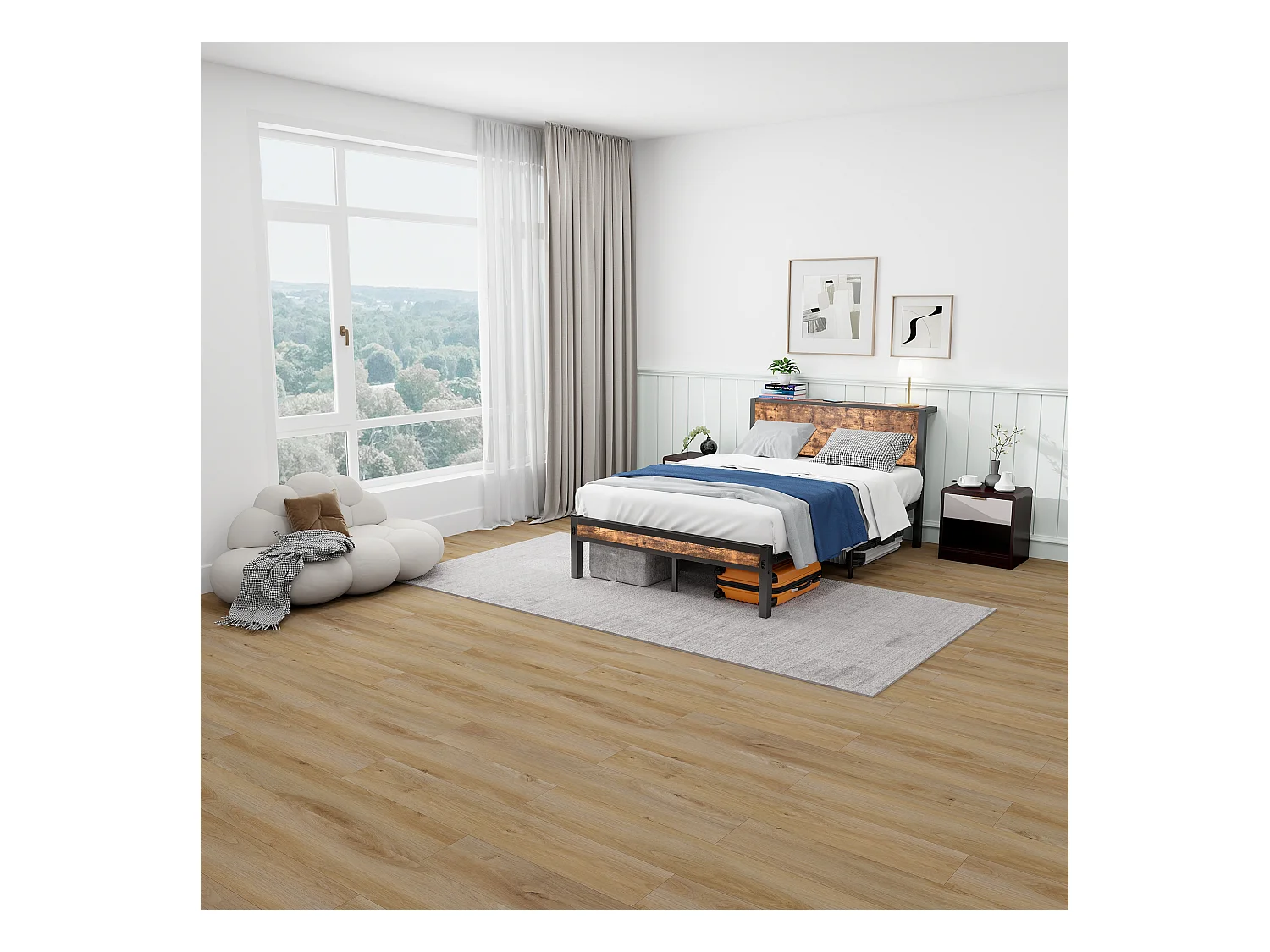 Struttura per letto singolo in metallo con testiera contenitore, piattaforma silenziosa, MDF e metallo, marrone vintage (208x120x90 cm)