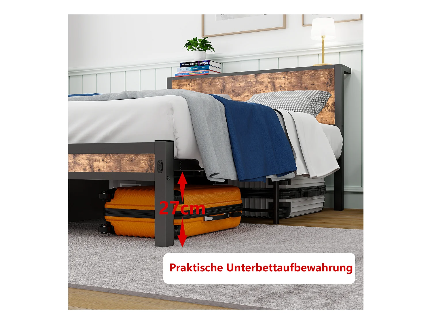 Struttura per letto singolo in metallo con testiera contenitore, piattaforma silenziosa, MDF e metallo, marrone vintage (208x120x90 cm)