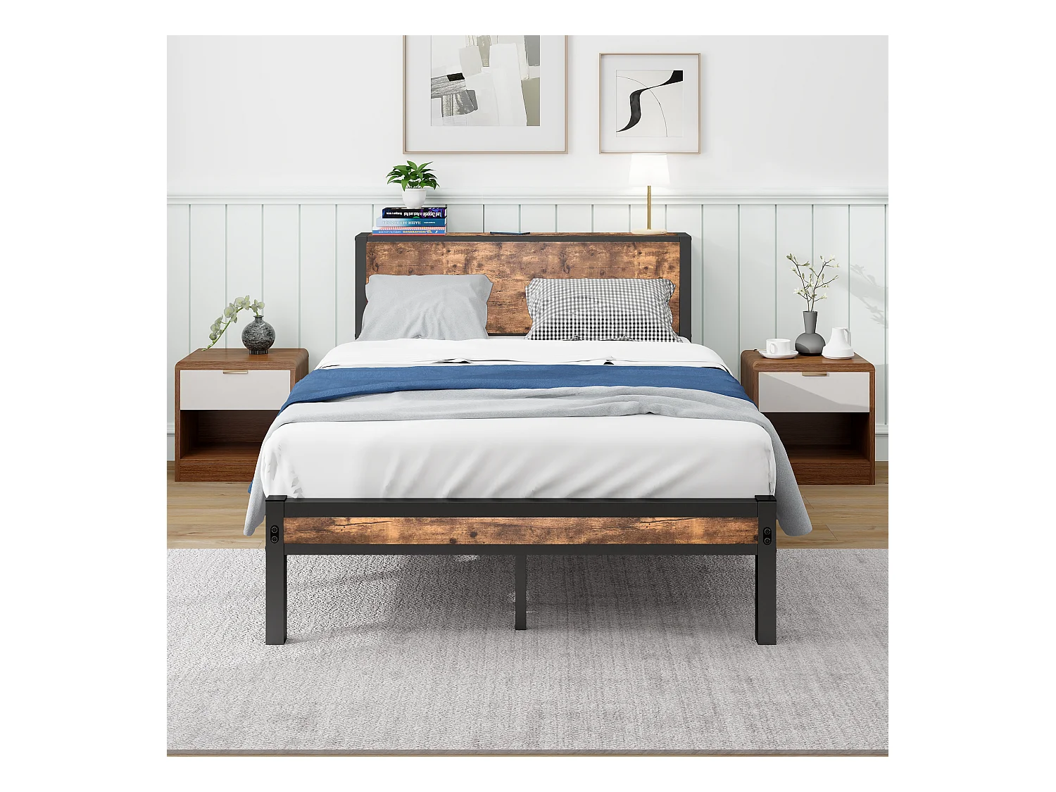 Cadre de lit simple en métal avec tête de rangement, plateforme silencieuse, MDF et métal, brun vintage (208x120x90cm)