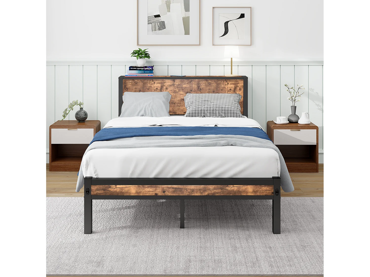 Metalen eenpersoonsbedframe met opbergruimte aan het hoofdeinde, stil platform, MDF en metaal, vintage bruin (208x120x90cm)