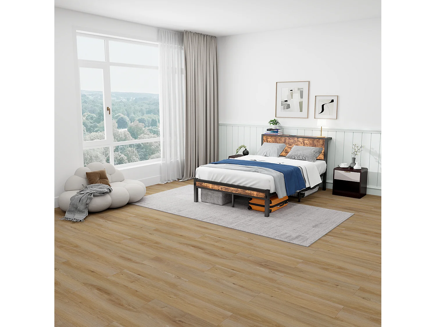 Metalen eenpersoonsbedframe met opbergruimte aan het hoofdeinde, stil platform, MDF en metaal, vintage bruin (208x120x90cm)