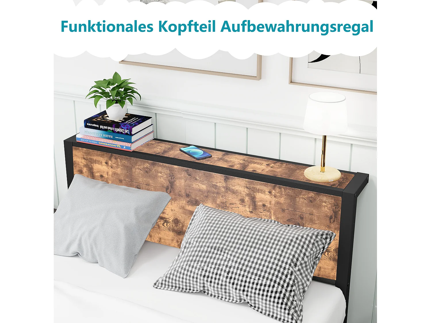 Metalen eenpersoonsbedframe met opbergruimte aan het hoofdeinde, stil platform, MDF en metaal, vintage bruin (208x120x90cm)