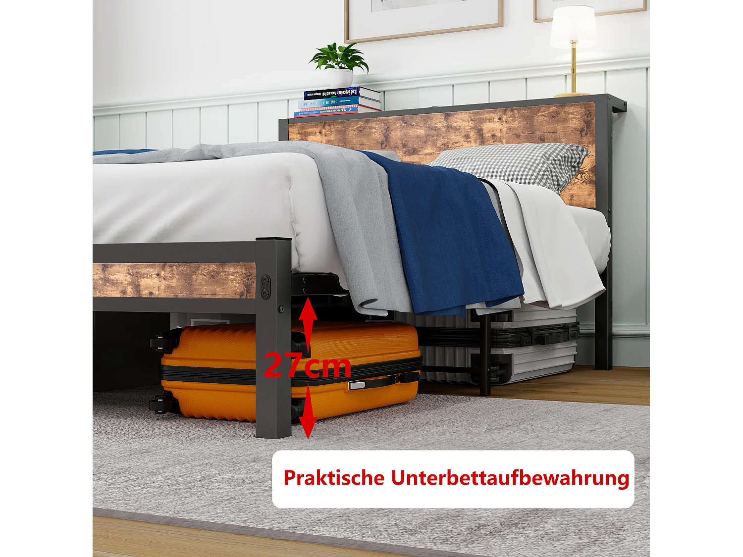 Metalen eenpersoonsbedframe met opbergruimte aan het hoofdeinde, stil platform, MDF en metaal, vintage bruin (208x120x90cm)