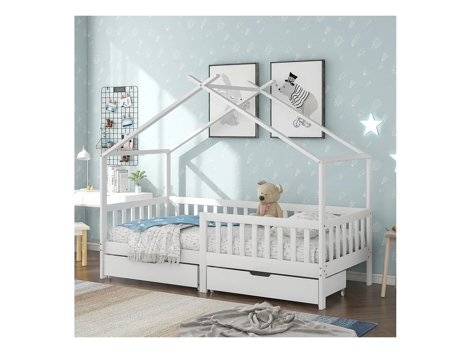Cama infantil Maison con 2 cajones y barra de seguridad, Estructura de madera maciza, Blanco (200x90 cm)
