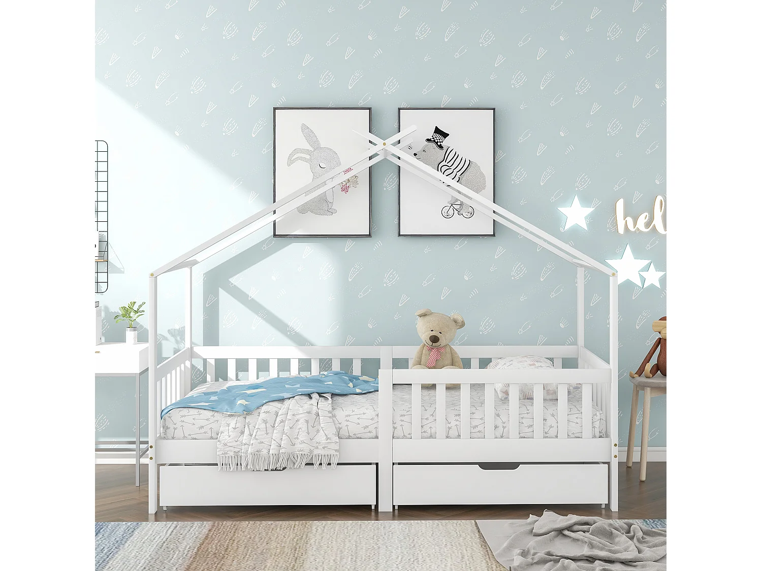 Lit enfant Maison avec 2 tiroirs et barre de sécurité, Structure en bois massif, Blanc (200x90 cm)