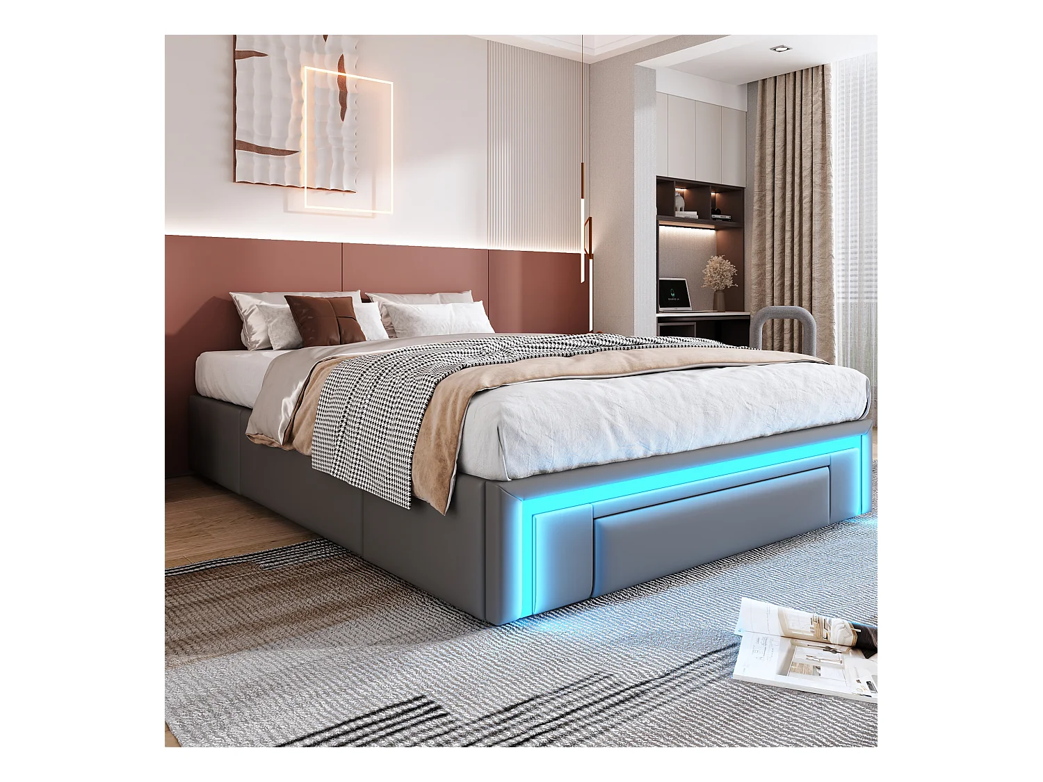 Lit 140x200 cm avec tiroirs, lit en PU simili-cuir sans tête de lit, avec éclairage LED, plateforme en métal (200x140x32 cm)