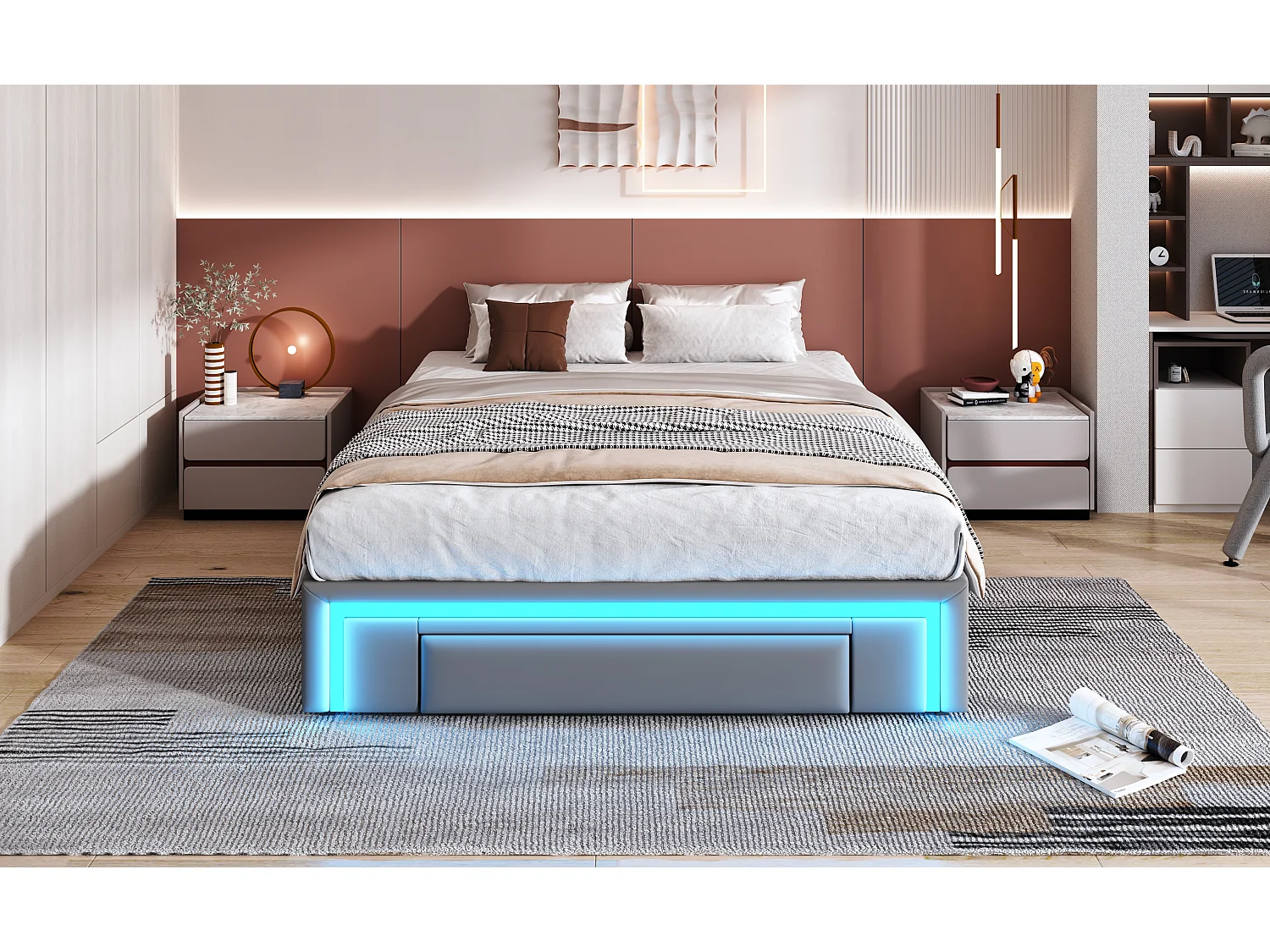 Lit 140x200 cm avec tiroirs, lit en PU simili-cuir sans tête de lit, avec éclairage LED, plateforme en métal (200x140x32 cm)