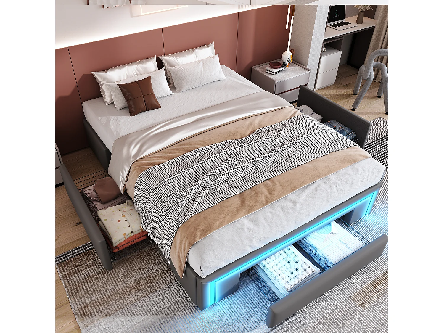 Lit 140x200 cm avec tiroirs, lit en PU simili-cuir sans tête de lit, avec éclairage LED, plateforme en métal (200x140x32 cm)