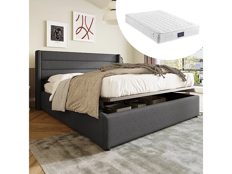 Cama basculante hidráulica con colchón, base de madera, estructura de metal, revestimiento de lino gris (214,5x153,5x114 cm)