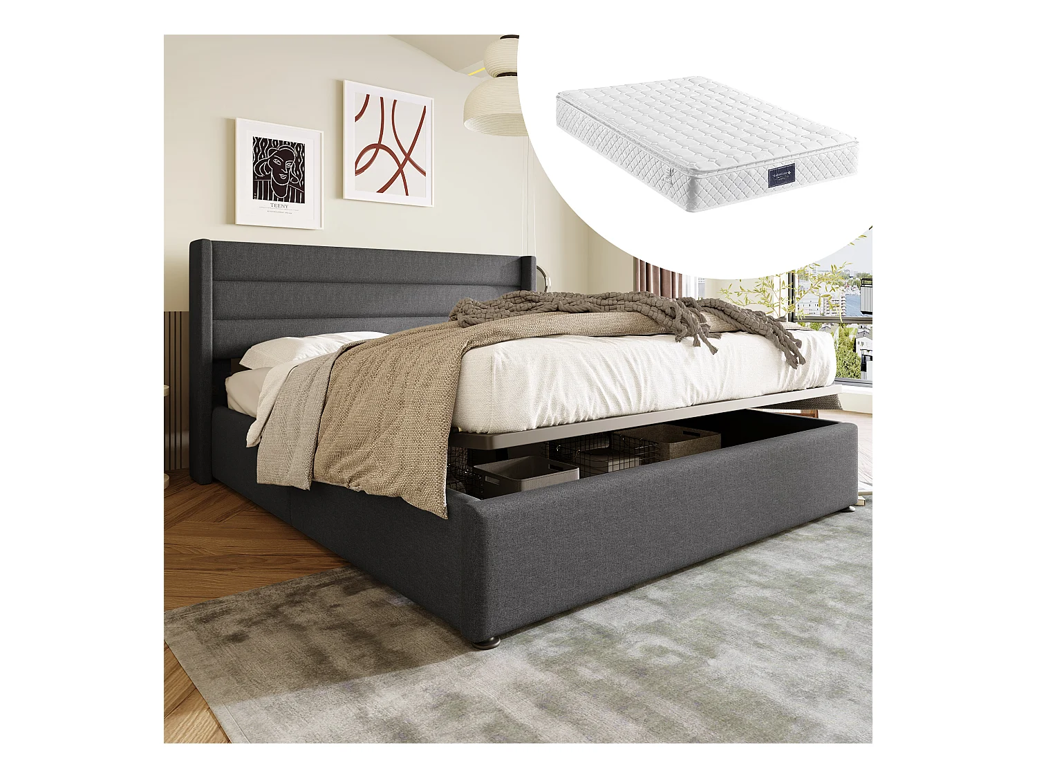 Cama basculante hidráulica con colchón, base de madera, estructura de metal, revestimiento de lino gris (214,5x153,5x114 cm)