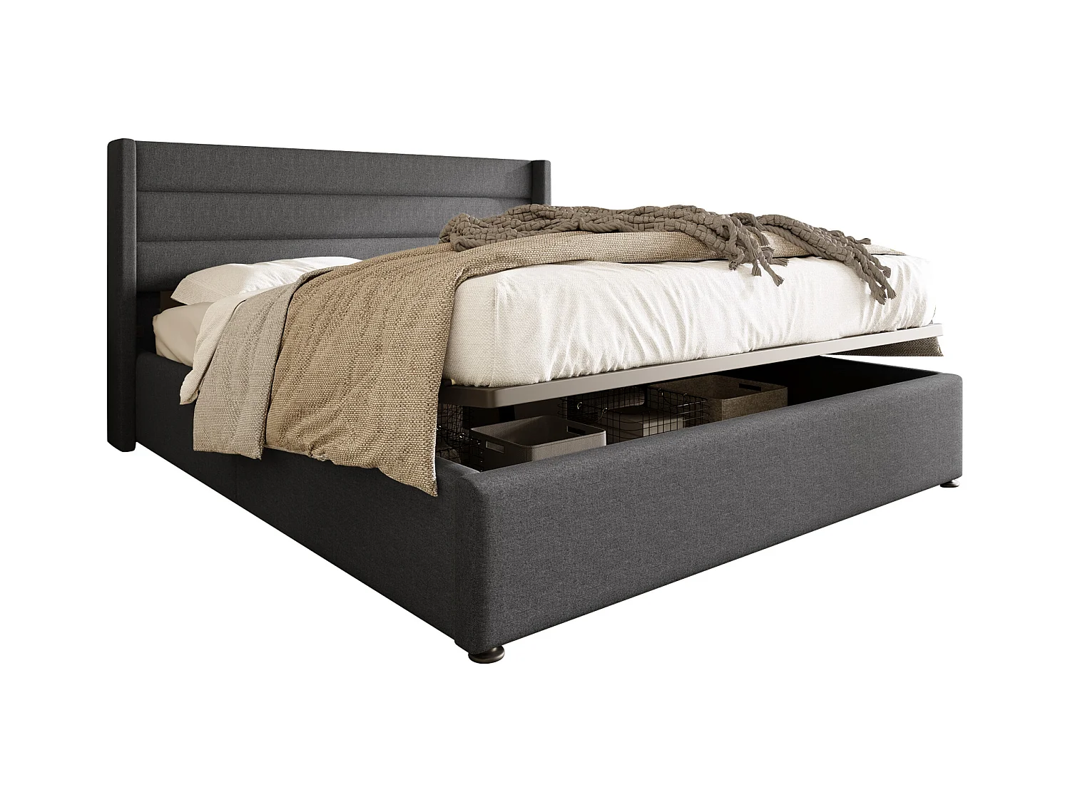 Cama basculante hidráulica con colchón, base de madera, estructura de metal, revestimiento de lino gris (214,5x153,5x114 cm)