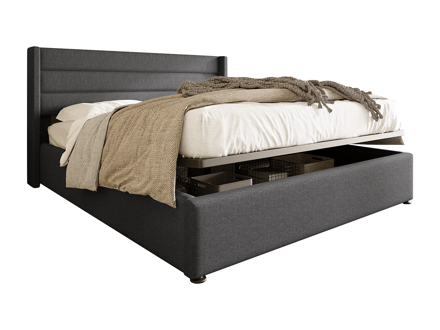 Lit coffre hydraulique avec matelas, sommier bois, cadre métal, revêtement lin gris (214.5x153.5x114 cm)