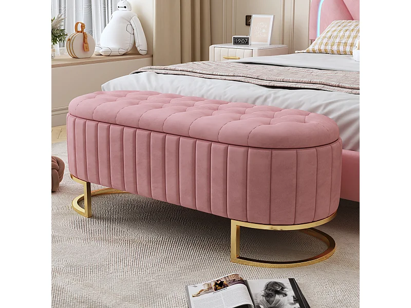 Opbergpoef en bank 120x40 cm, poef met opbergruimte, bank met fluwelen zitting, kleur roze (120x40x41,9 cm)