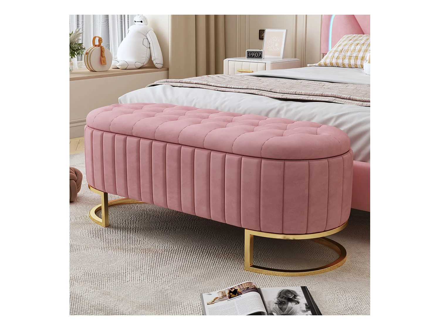 Opbergpoef en bank 120x40 cm, poef met opbergruimte, bank met fluwelen zitting, kleur roze (120x40x41,9 cm)