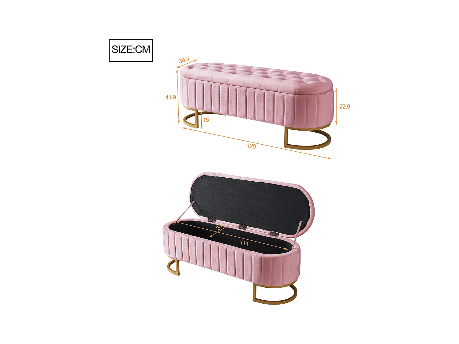 Opbergpoef en bank 120x40 cm, poef met opbergruimte, bank met fluwelen zitting, kleur roze (120x40x41,9 cm)