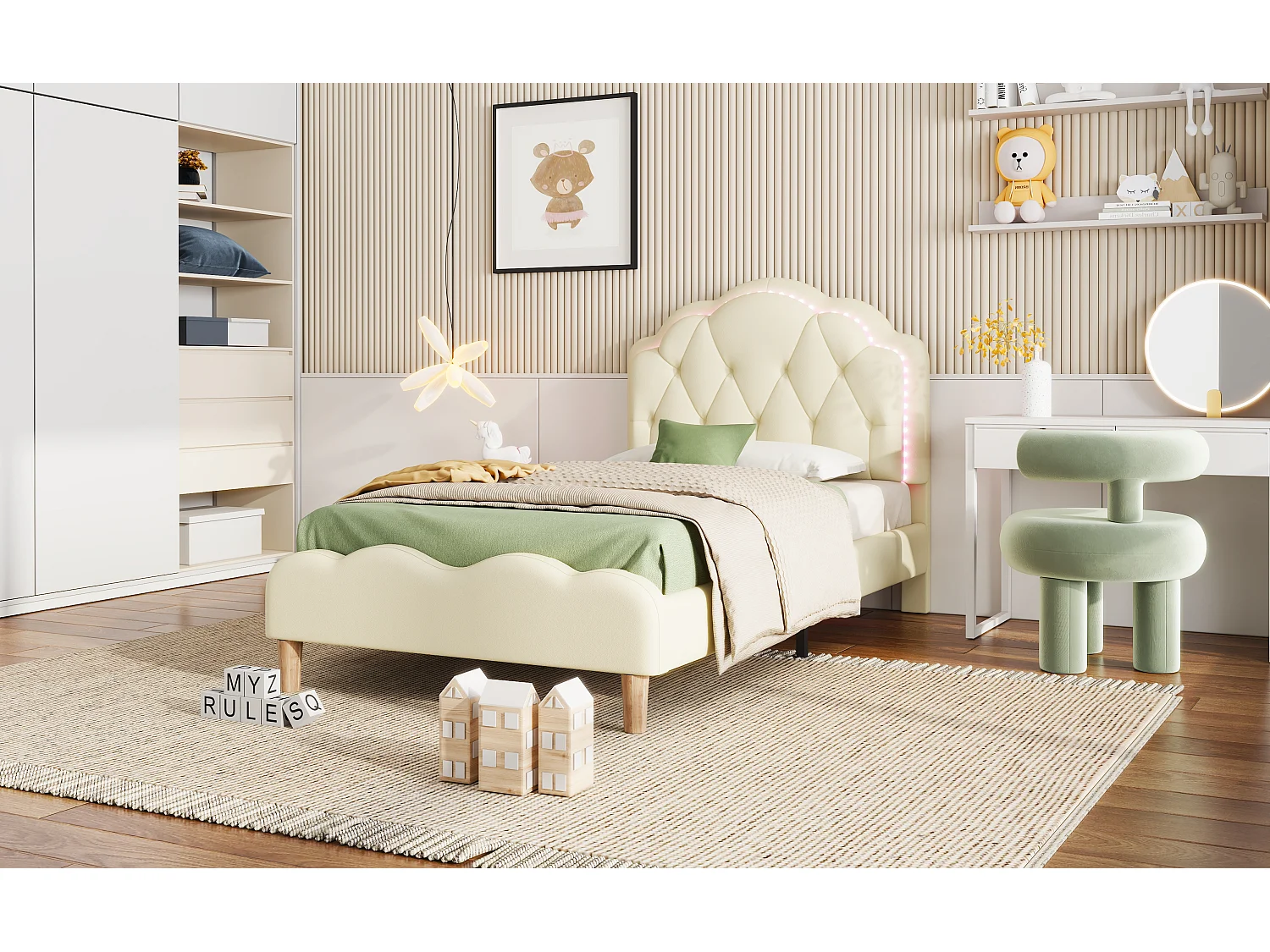 Gestoffeerd bed met golvend hoofdeinde, multi-color LED's, houten lattenbodem, 90x200cm, PU, wit