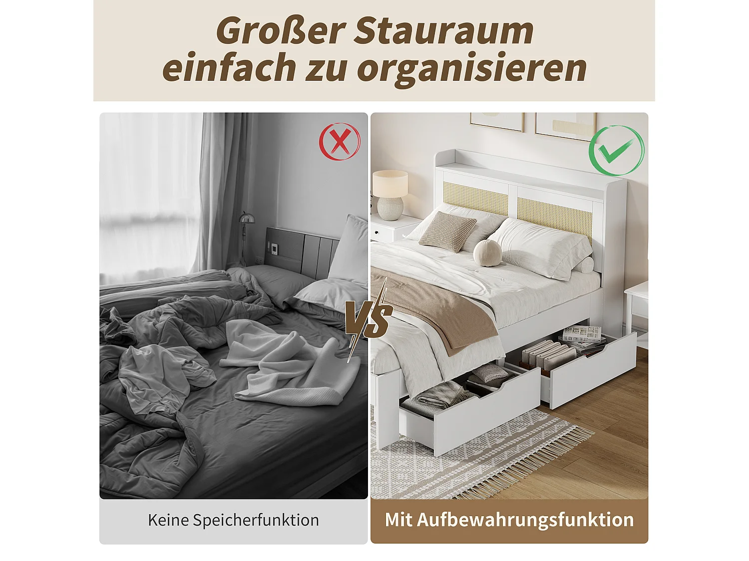 Letto contenitore 140x200 cm, Letto matrimoniale funzionale in legno massello con decoro in rattan, cassetti e spazio contenitore, bianco (140x200x)