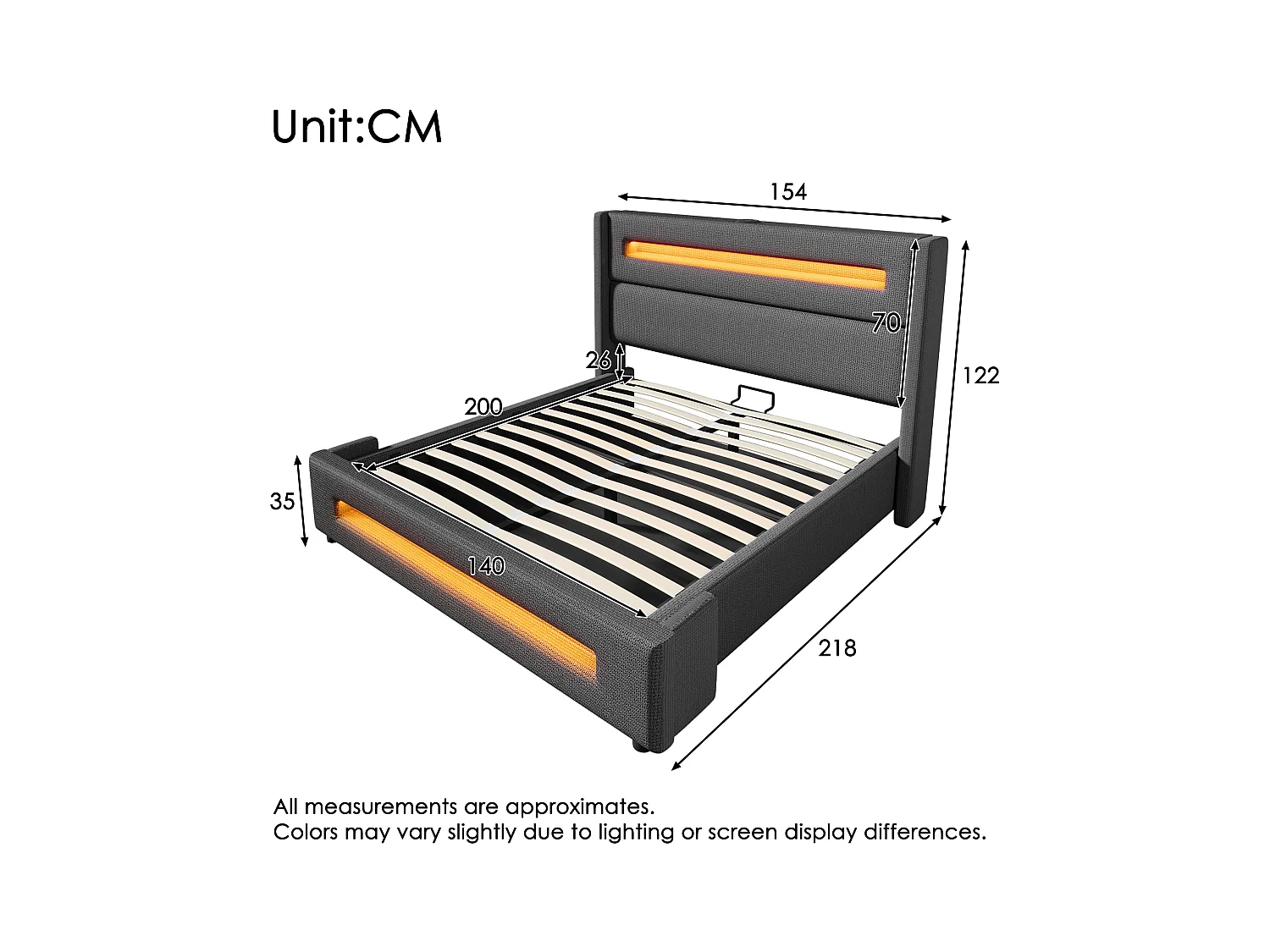 Letto 140x200 cm con LED, vano contenitore idraulico, ricarica USB Type-C, struttura in metallo con doghe in legno, lenzuola beige (219x175x121 cm)