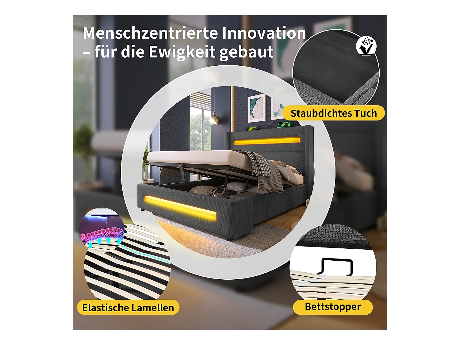 Letto 140x200 cm con LED, vano contenitore idraulico, ricarica USB Type-C, struttura in metallo con doghe in legno, lenzuola beige (219x175x121 cm)