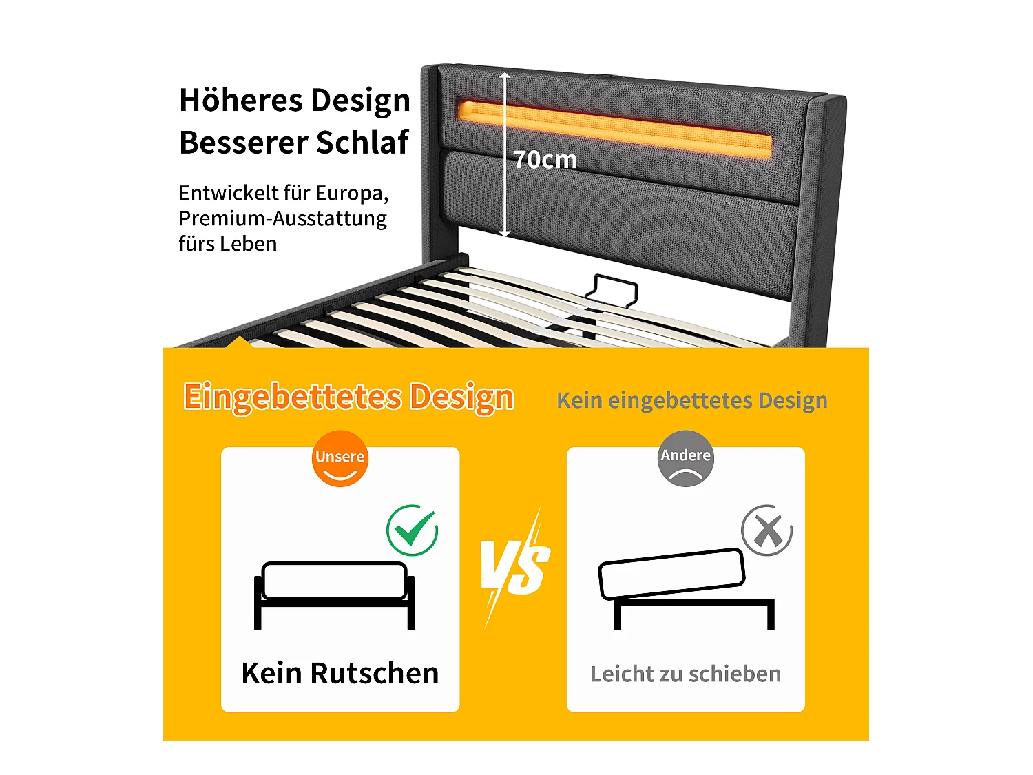 Letto 140x200 cm con LED, vano contenitore idraulico, ricarica USB Type-C, struttura in metallo con doghe in legno, lenzuola beige (219x175x121 cm)