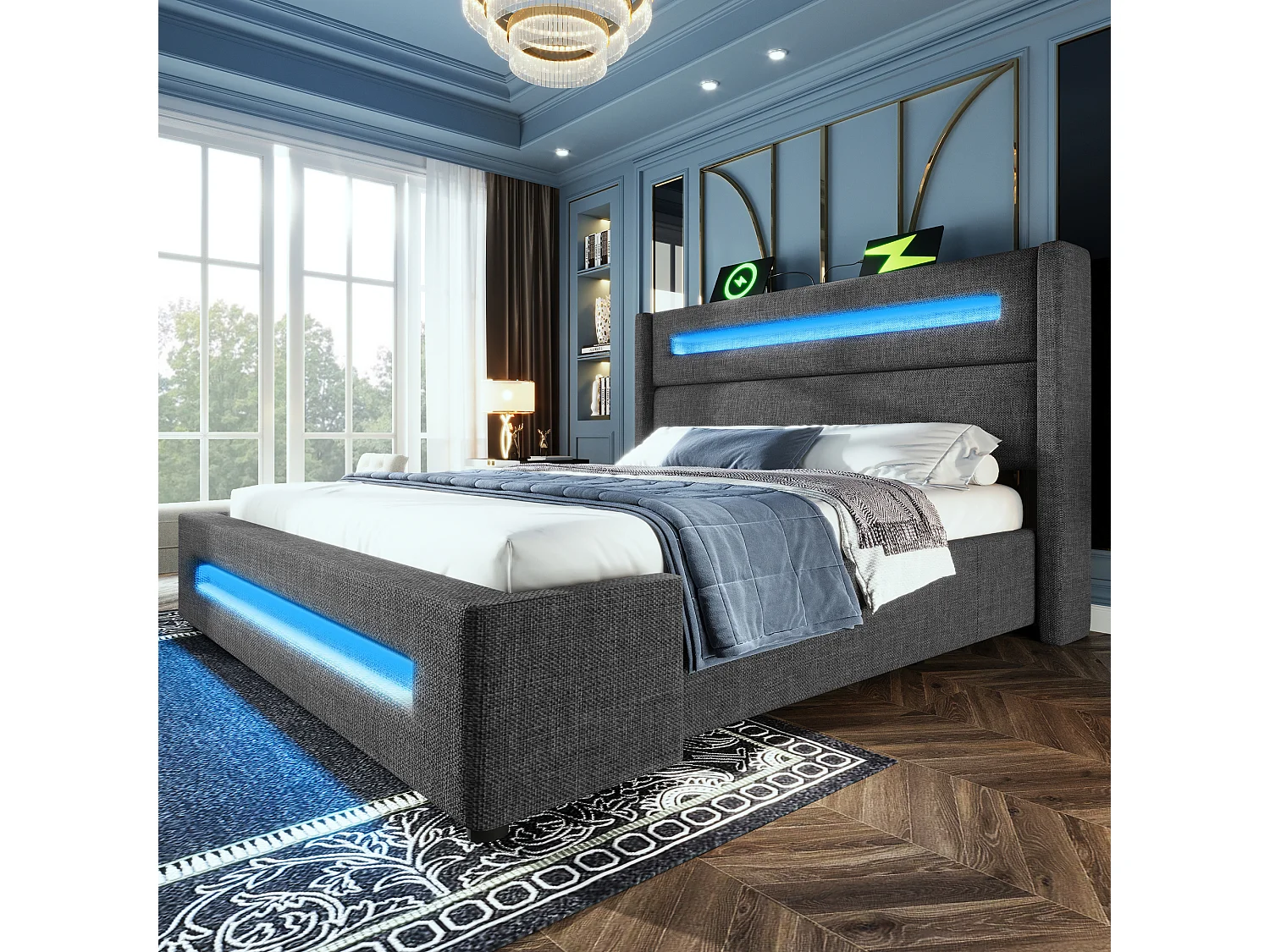 Letto 140x200 cm con LED, vano contenitore idraulico, ricarica USB Type-C, struttura in metallo con doghe in legno, lenzuola beige (219x175x121 cm)