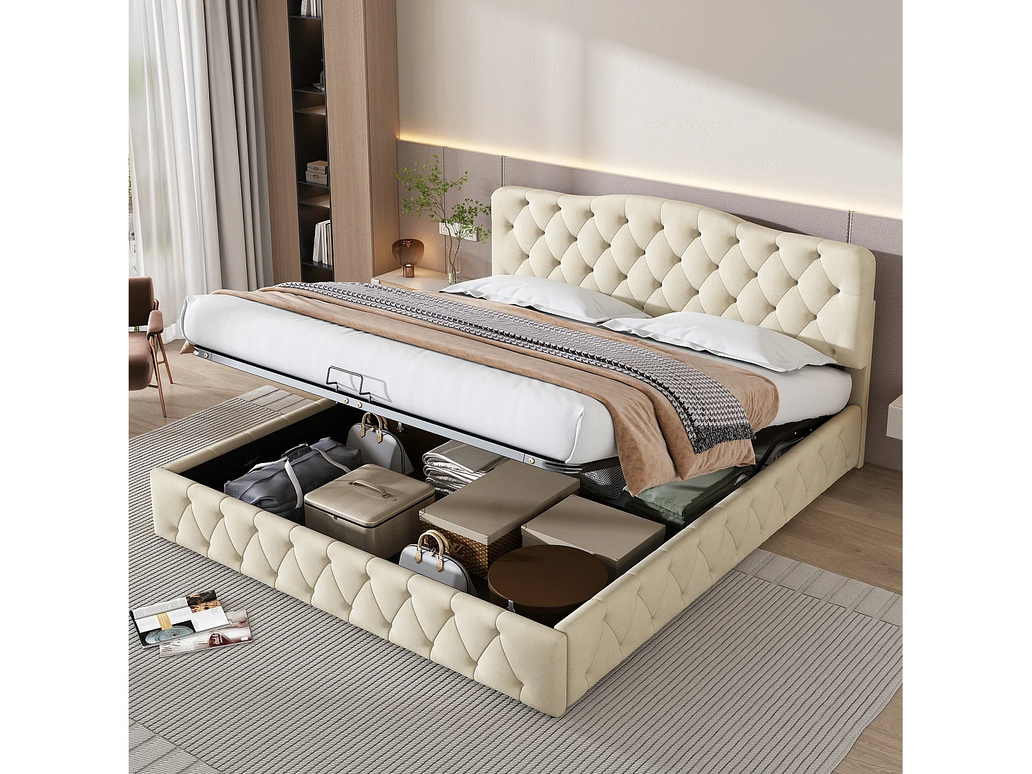 Cama Doble Tapizada Con Somier De Láminas, Cabecero Grueso, Lino Negro Estructura De Madera Maciza 141x209x101cm