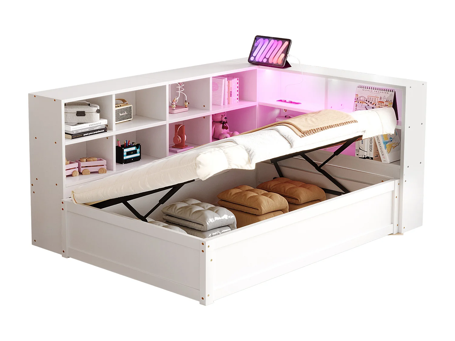 90x200 cm Murphy bed met lattenbodem, rotan, hout en metaal design, wit (202x145,5x120 cm)