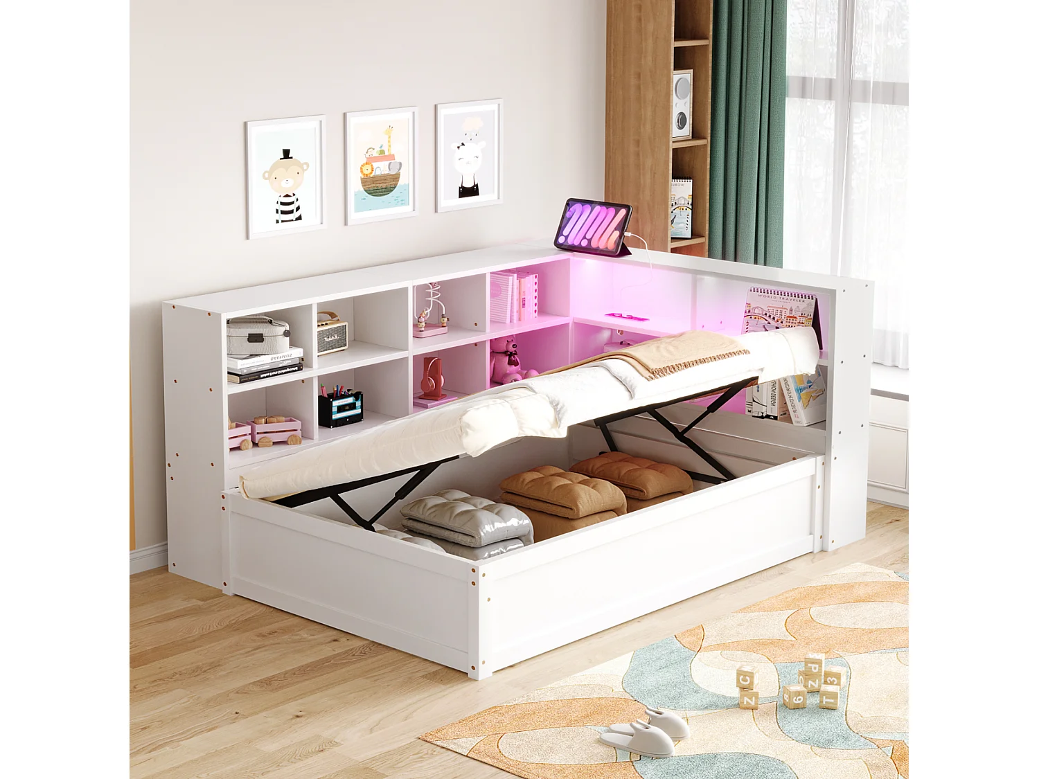 Lit escamotable 90x200 cm avec sommier à lattes, design rotin, bois et métal, blanc (202x145.5x120 cm)