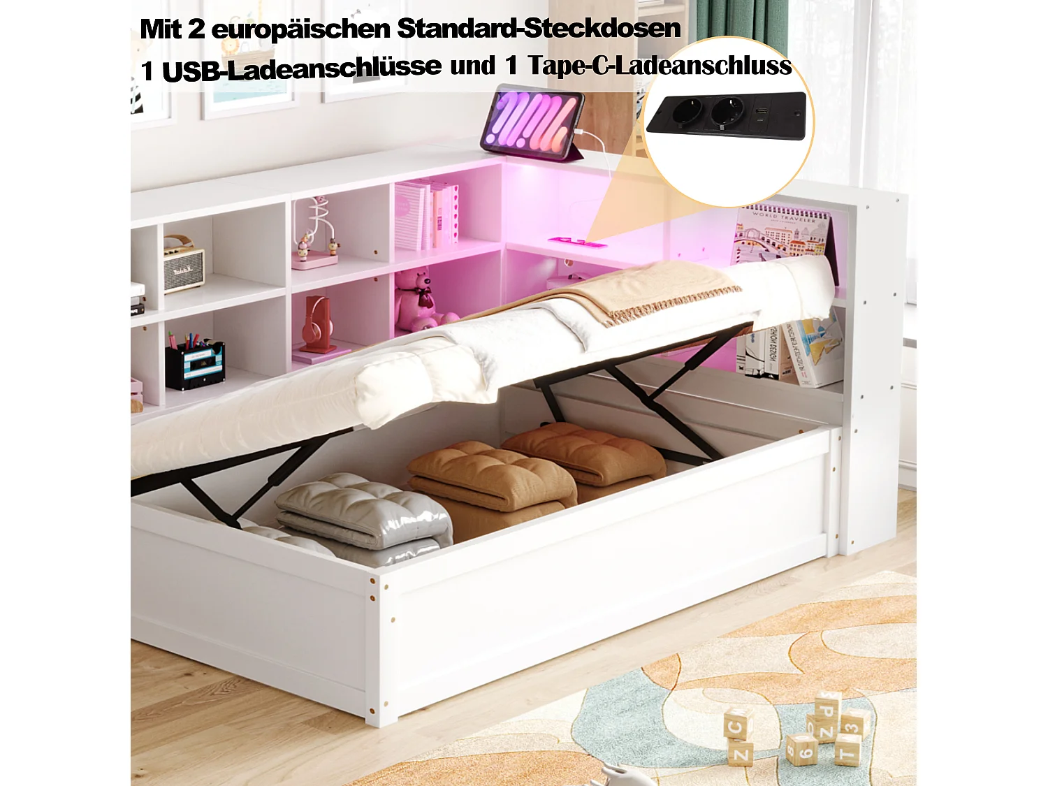 Lit escamotable 90x200 cm avec sommier à lattes, design rotin, bois et métal, blanc (202x145.5x120 cm)