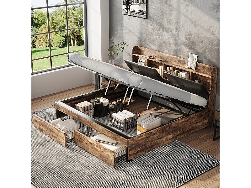 Lit métallisé 180 x 200 cm, Hydraulique avec tête de lit et rangement, Lit pour adultes et adolescents, avec sommier à lattes, bois et métal, Gris + Noir