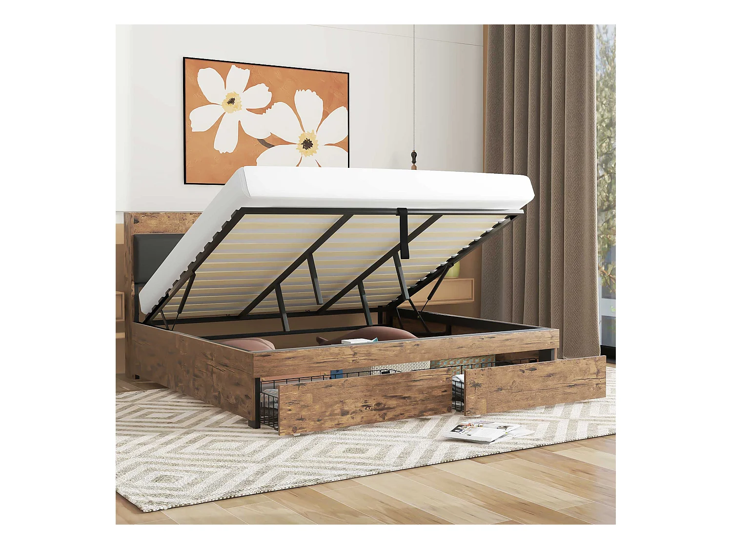 Lit métallisé 180 x 200 cm, Hydraulique avec tête de lit et rangement, Lit pour adultes et adolescents, avec sommier à lattes, bois et métal, Gris + Noir