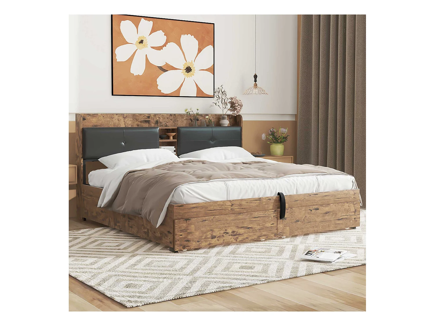 Lit métallisé 180 x 200 cm, Hydraulique avec tête de lit et rangement, Lit pour adultes et adolescents, avec sommier à lattes, bois et métal, Gris + Noir