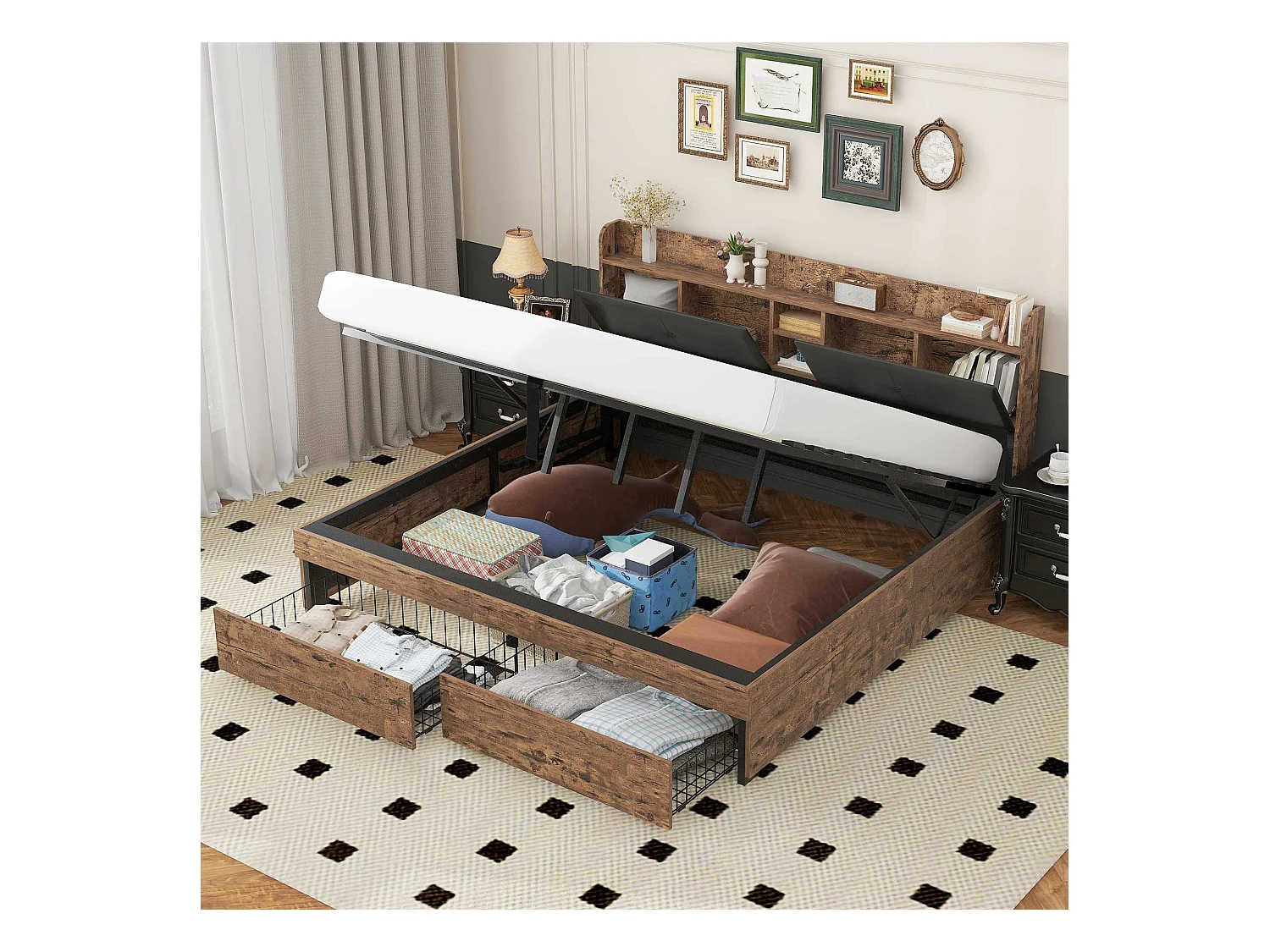 Lit métallisé 180 x 200 cm, Hydraulique avec tête de lit et rangement, Lit pour adultes et adolescents, avec sommier à lattes, bois et métal, Gris + Noir