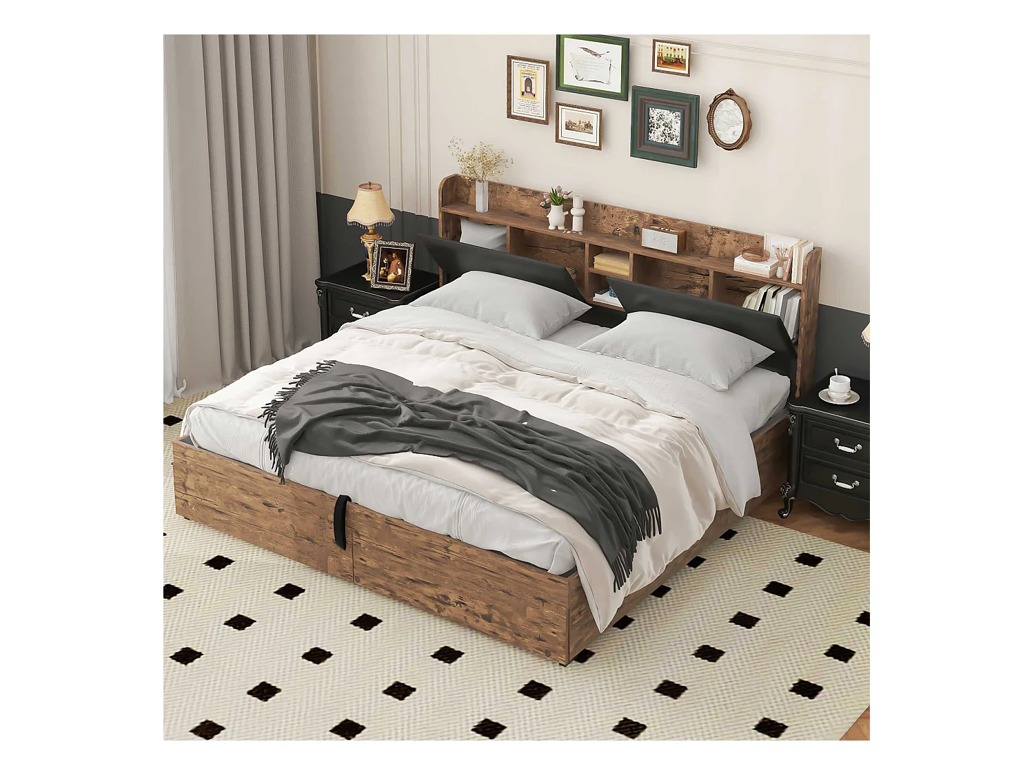 Lit métallisé 180 x 200 cm, Hydraulique avec tête de lit et rangement, Lit pour adultes et adolescents, avec sommier à lattes, bois et métal, Gris + Noir