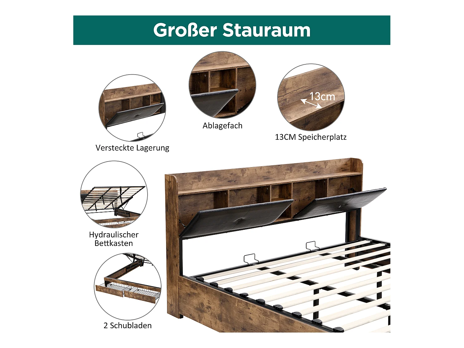 Lit métallisé 180 x 200 cm, Hydraulique avec tête de lit et rangement, Lit pour adultes et adolescents, avec sommier à lattes, bois et métal, Gris + Noir