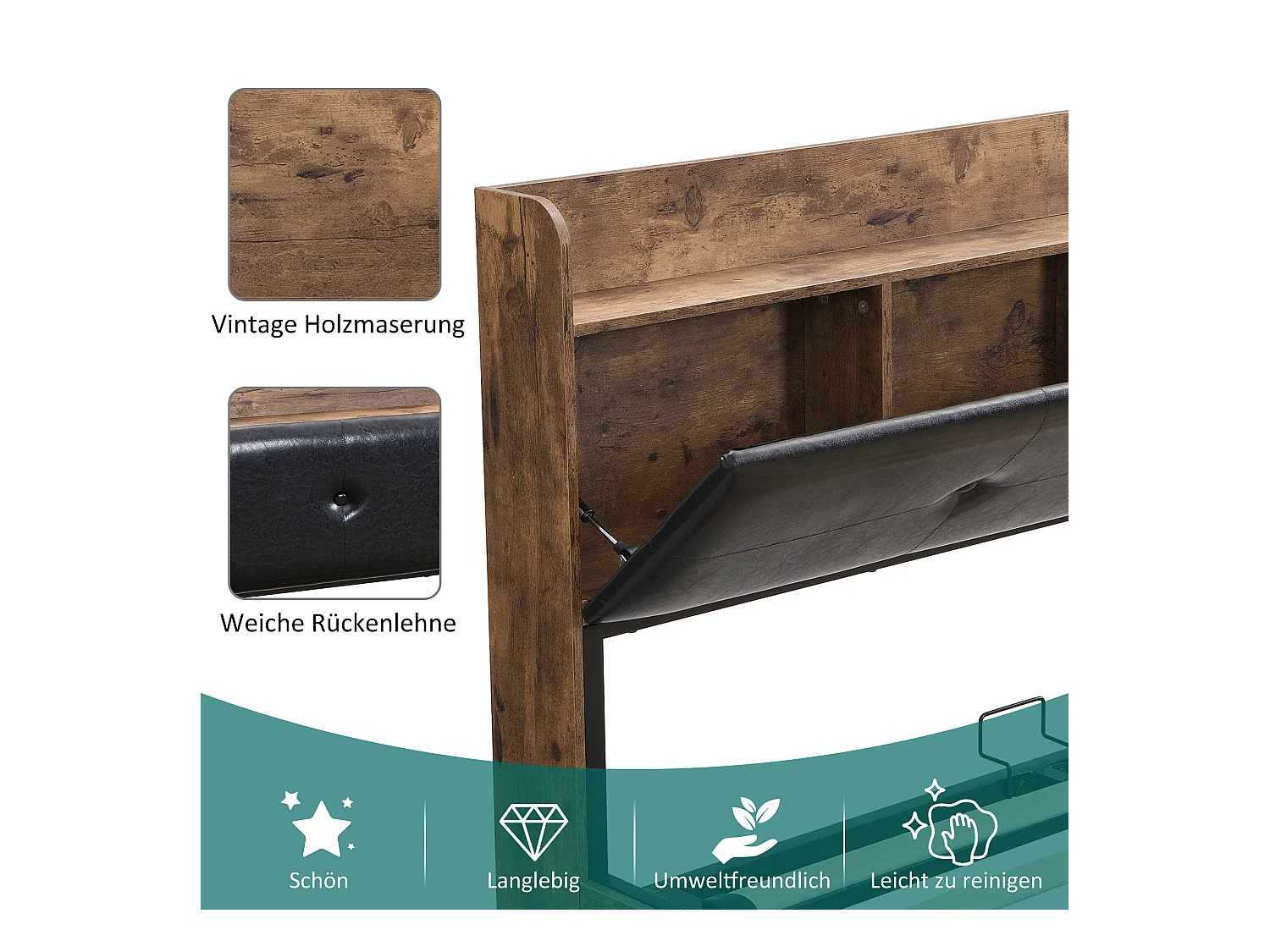 Lit métallisé 180 x 200 cm, Hydraulique avec tête de lit et rangement, Lit pour adultes et adolescents, avec sommier à lattes, bois et métal, Gris + Noir