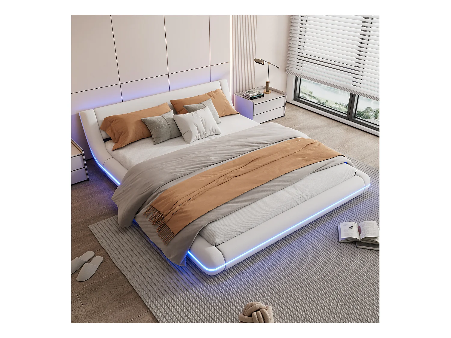 Bed 160x200 cm, laag bed met LED-verlichting, PU, wit (236,5x179x60,5 cm)