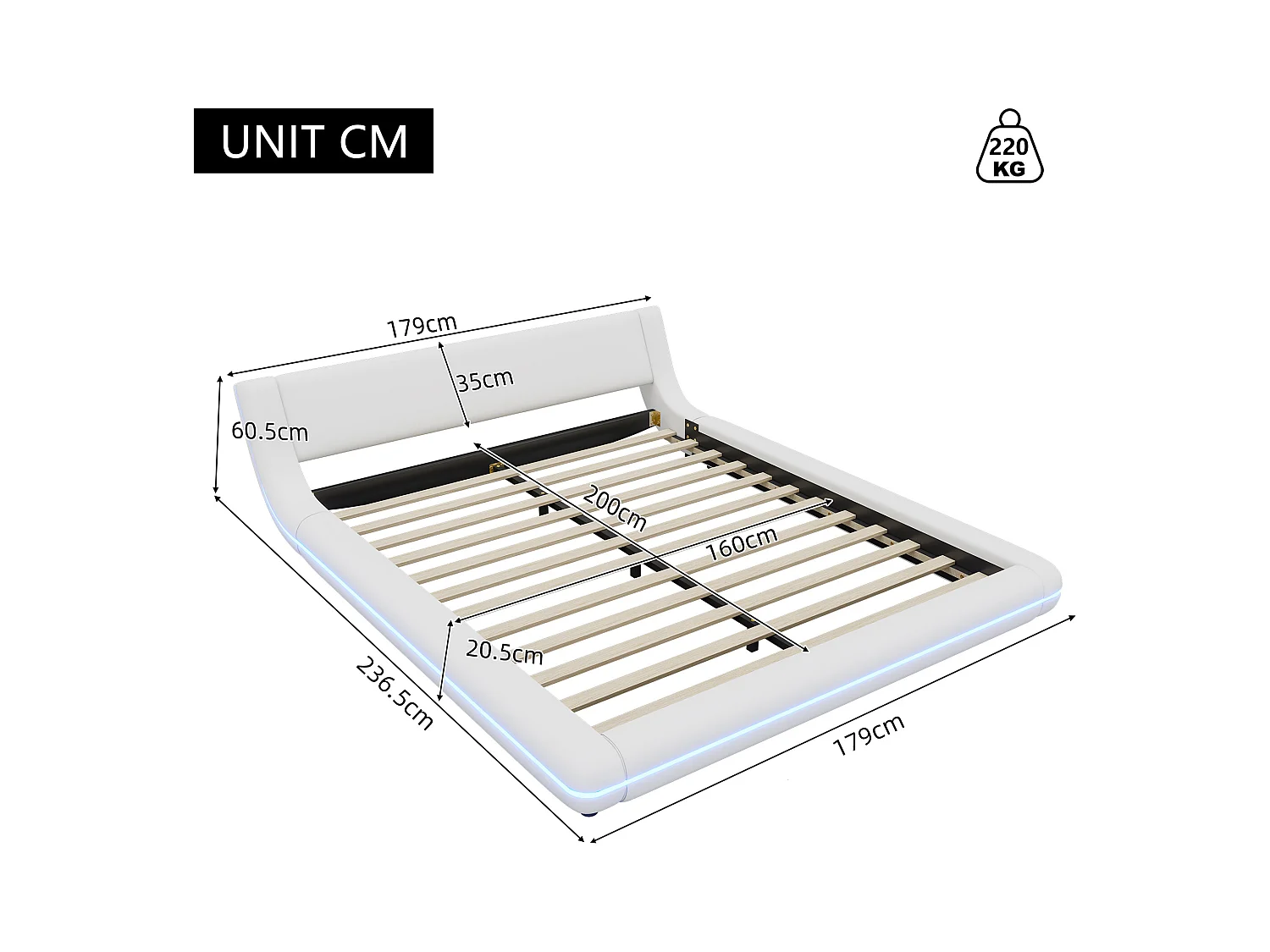 Bed 160x200 cm, laag bed met LED-verlichting, PU, wit (236,5x179x60,5 cm)