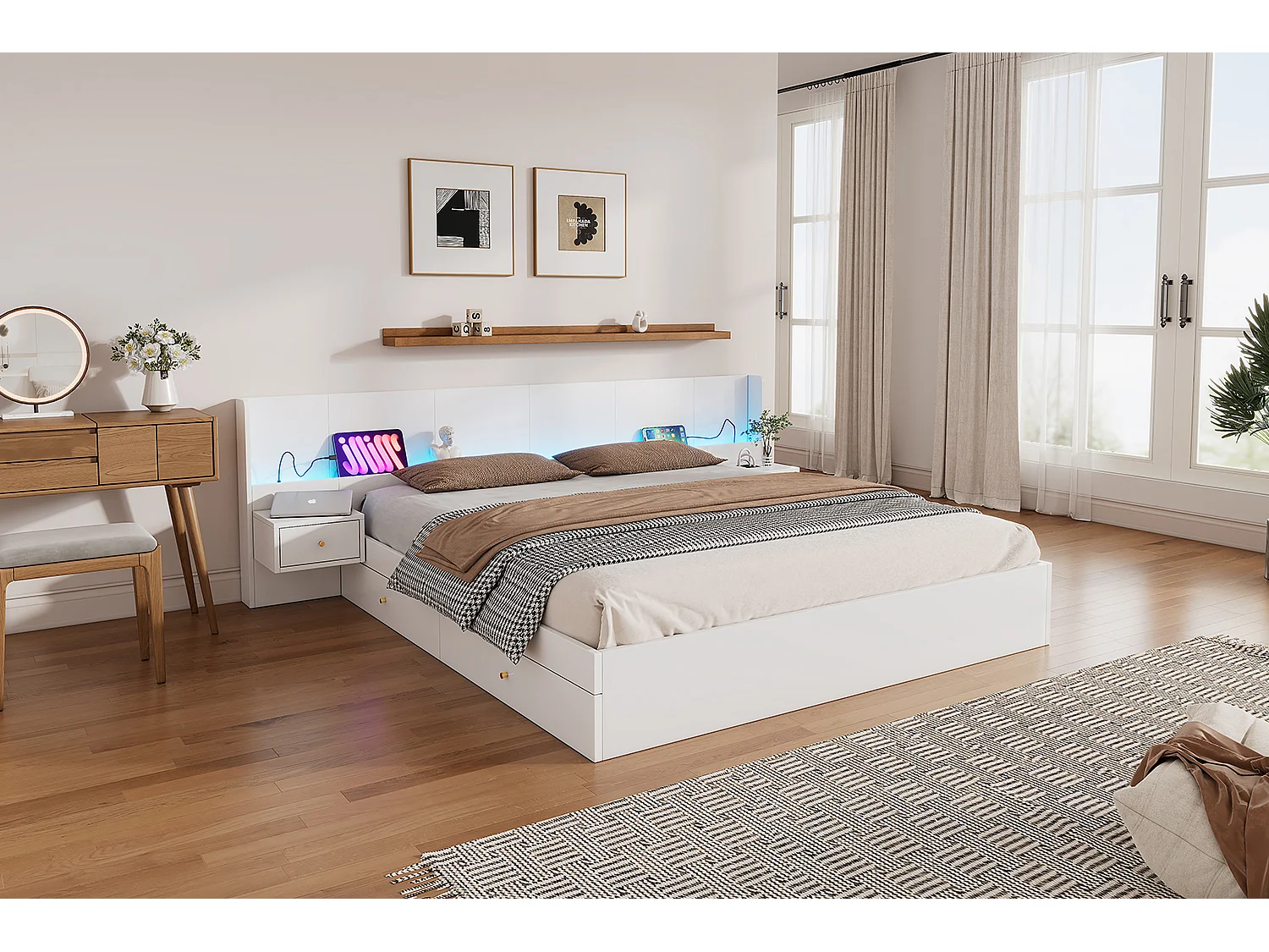 Letto matrimoniale 180x200 cm, con USB, LED, prese, 2 comodini, MDF, bianco, (180x200 cm)