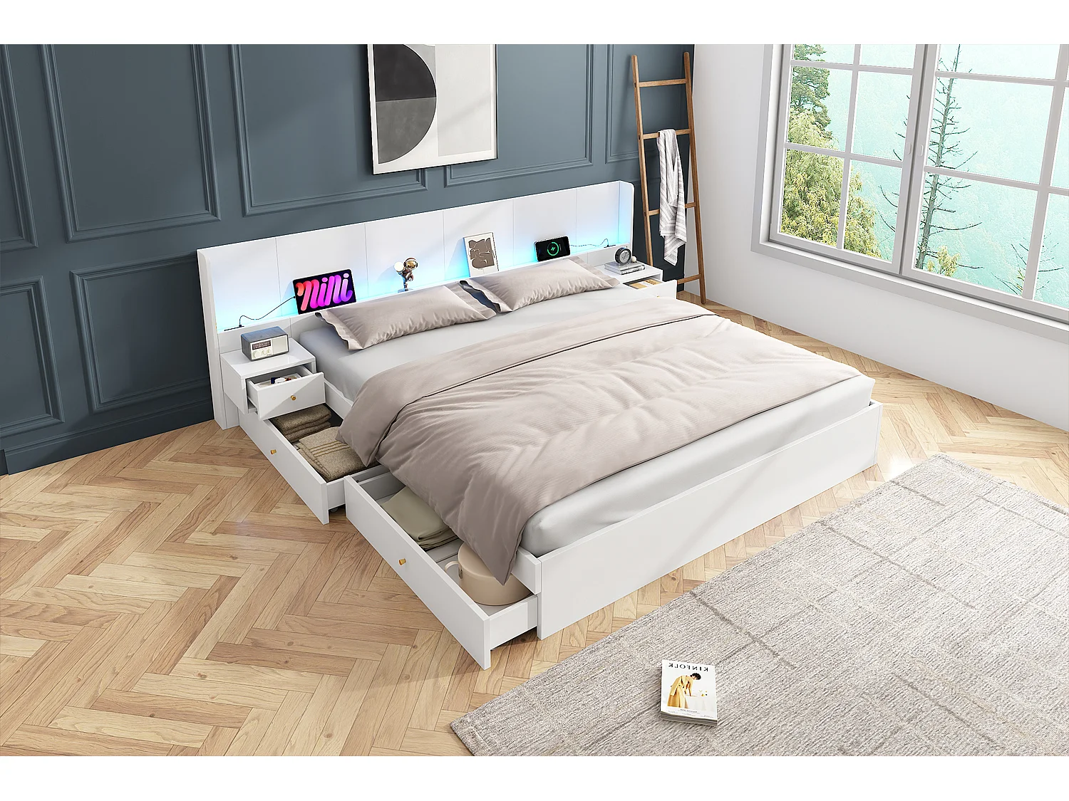 Letto matrimoniale 180x200 cm, con USB, LED, prese, 2 comodini, MDF, bianco, (180x200 cm)