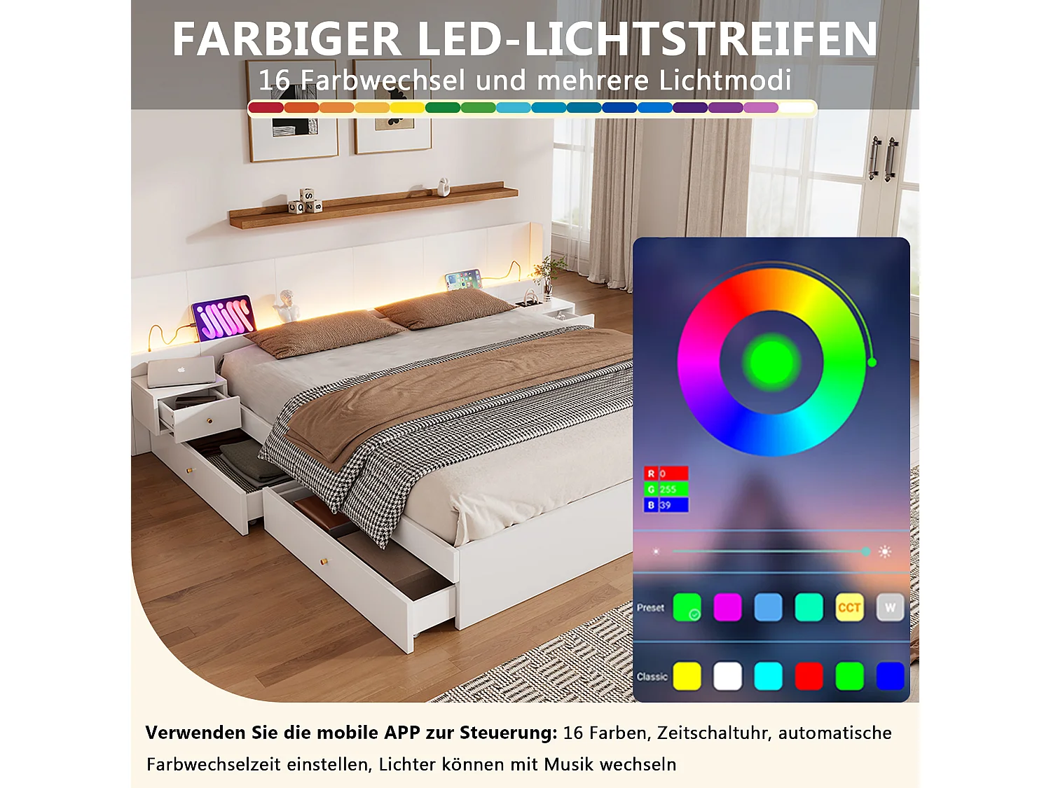 Letto matrimoniale 180x200 cm, con USB, LED, prese, 2 comodini, MDF, bianco, (180x200 cm)