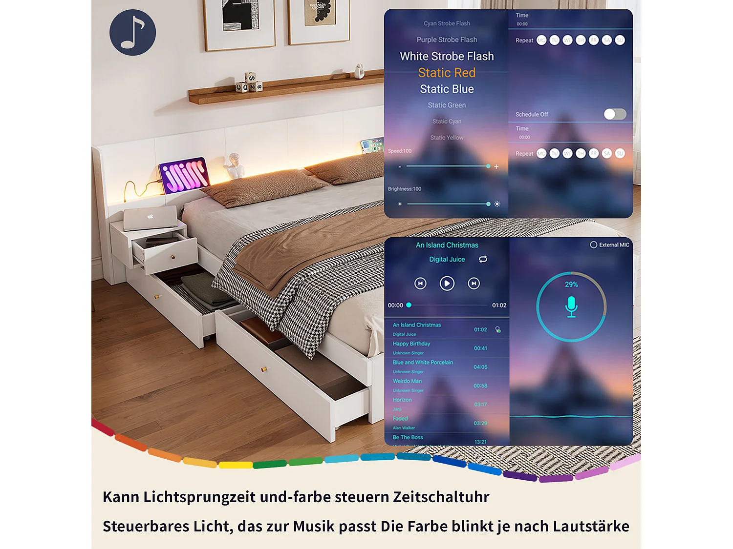 Letto matrimoniale 180x200 cm, con USB, LED, prese, 2 comodini, MDF, bianco, (180x200 cm)