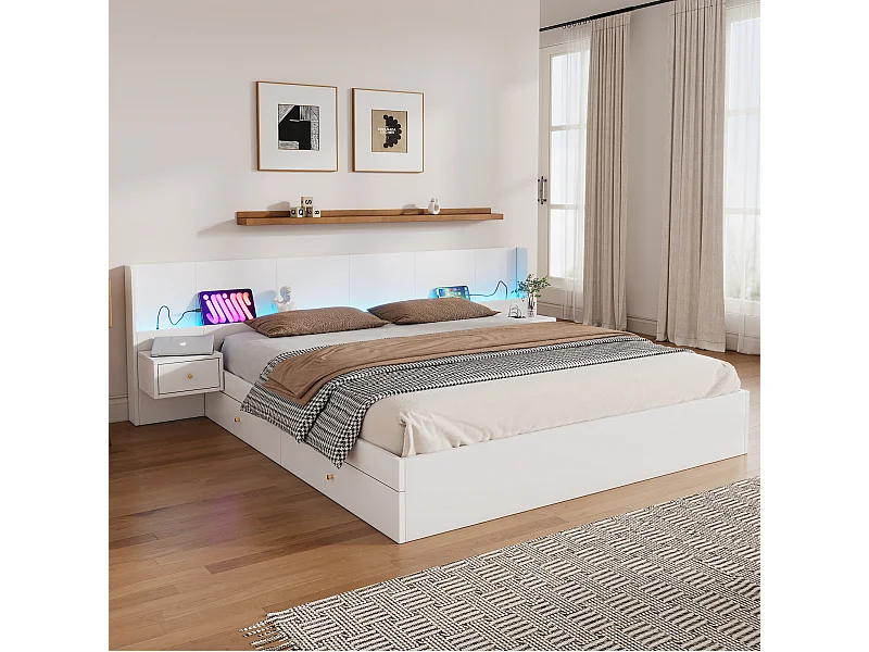 Letto matrimoniale 180x200 cm, con USB, LED, prese, 2 comodini, MDF, bianco, (180x200 cm)